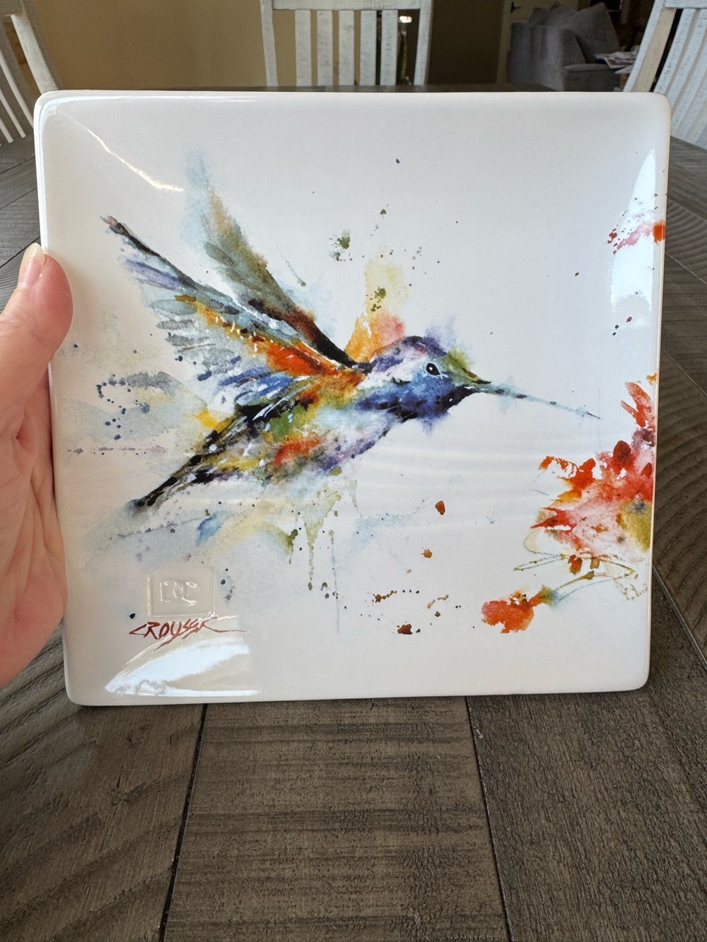 Dean Crouser Hummingbird Watercolor Glossy Stoneware 7 x 7 Snack Plate